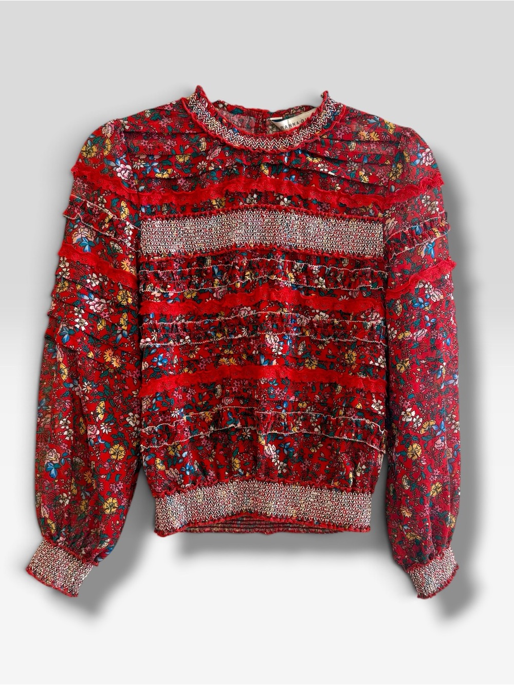Anthropologie Ranna Gill Red Floral Smocked Neck Blouse